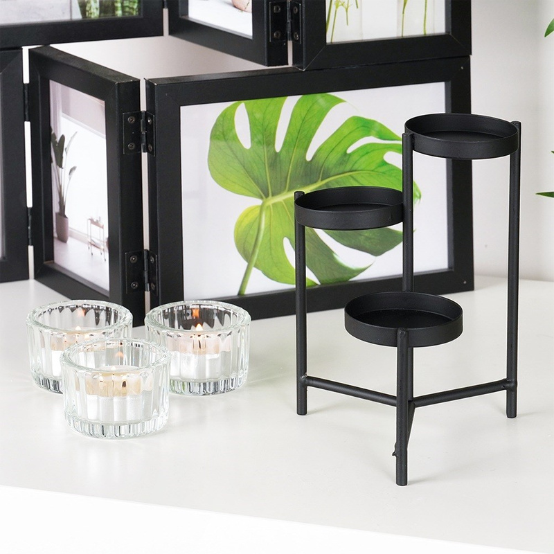 Candle Holder Metal Black with Glass Inserts for 3 Candles 11x11x18.5 cm